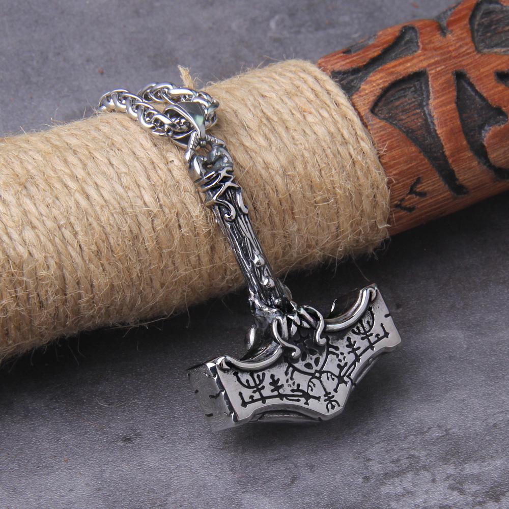 Norse Vikings Thor Hammer Mjolnir Necklace Stainless Steel Chain Vegvisir Pendant Male Jewelry Rune Amulet