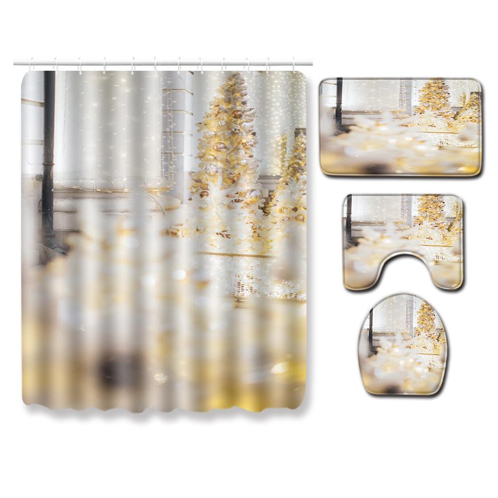 Christmas Shower Curtain Floor Mat Combination Four-Piece Set Bathroom Toilet Carpet Shower Room Mat Foot Mat