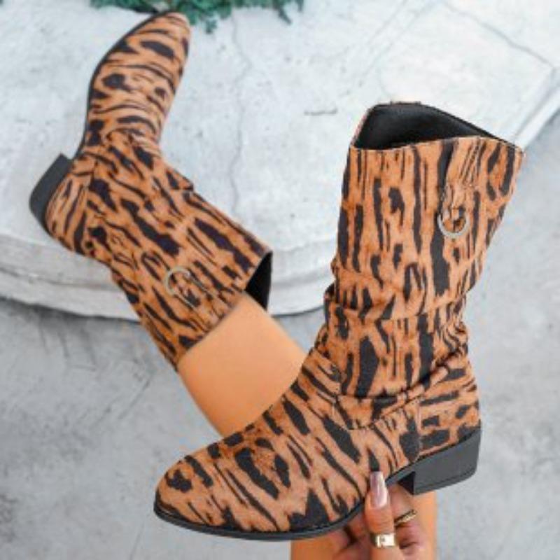 Women's Autumn European & American Style Leopard Print Knee-High Boots - Plus-Size, Chunky Heel, Thick-Soled, Versatile