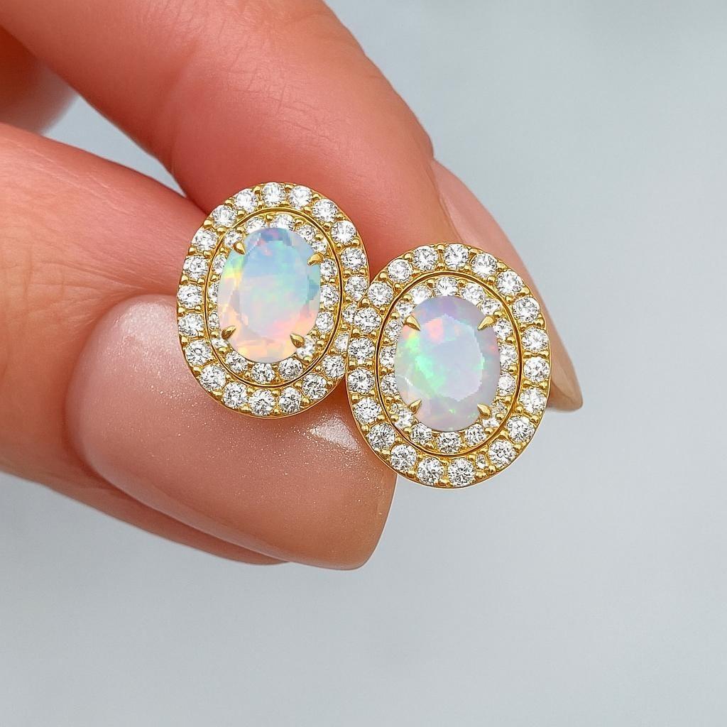 Natural White Opal Gemstone Halo Style Stud Earring, AAA Multifire Opal Gemstone Stud Earring, October Birthstone Earrings, Handmade Gift