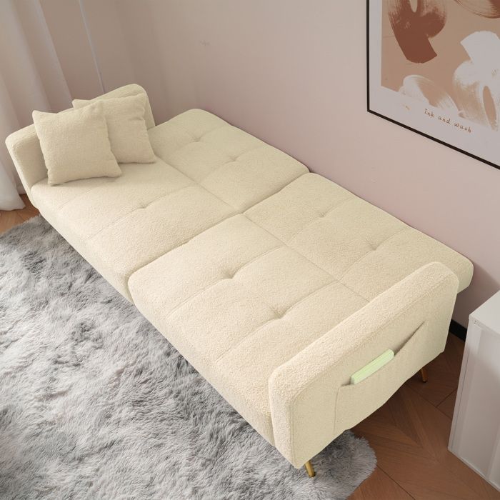 2 Seater Convertible Sofa, Adjustable Reclining Sofa Bed with Cushions and Side Storage Pockets - Lambswool - Beige