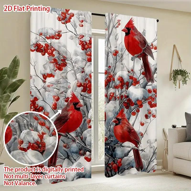 2pcs Charming Poinsettia Pattern Curtains   Romantic Design Light - Filtering Polyester Curtains for Christmas Home Windows