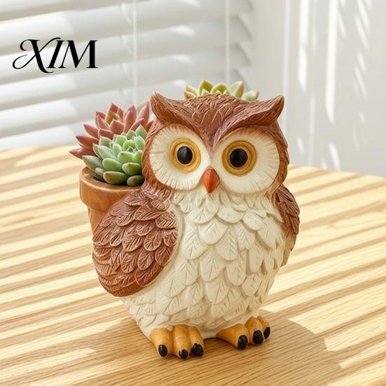 Weatherproof Courtyard Ornament Cute Cartoon Owl Planter, Resin Small Planter Pot, Decorative Creative Gardening Gifts Plant Pot for Succulents,