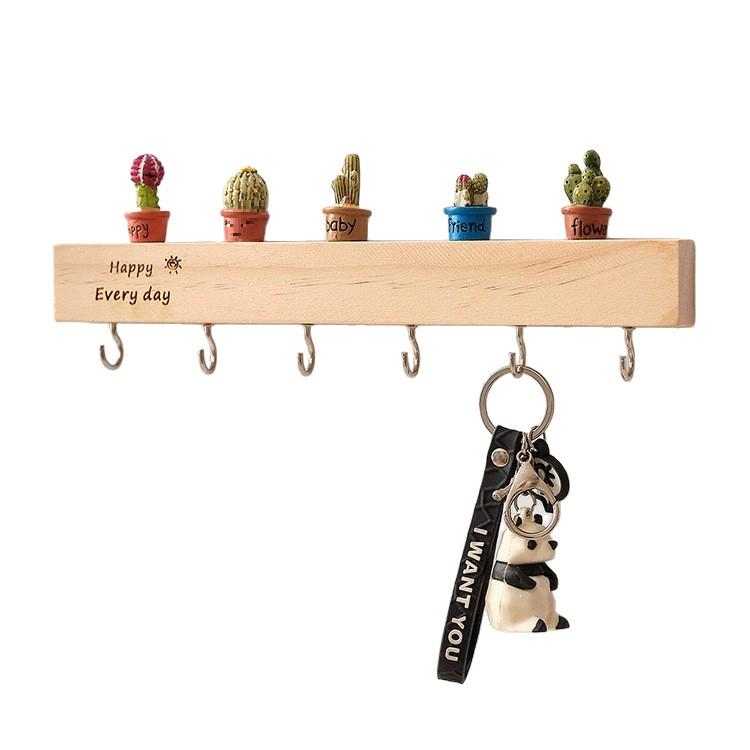 Solid Wood Wall-Mounted Key Holder & Storage Shelf with Creative Hooks for Entryway Ornaments