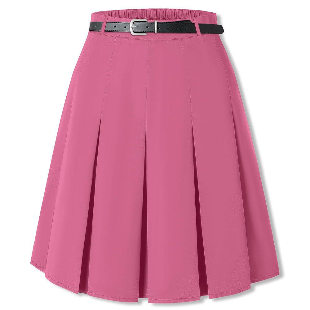 US Plus Size Women's Elegant Knee-Length Pleated Midi Skirt with Belt