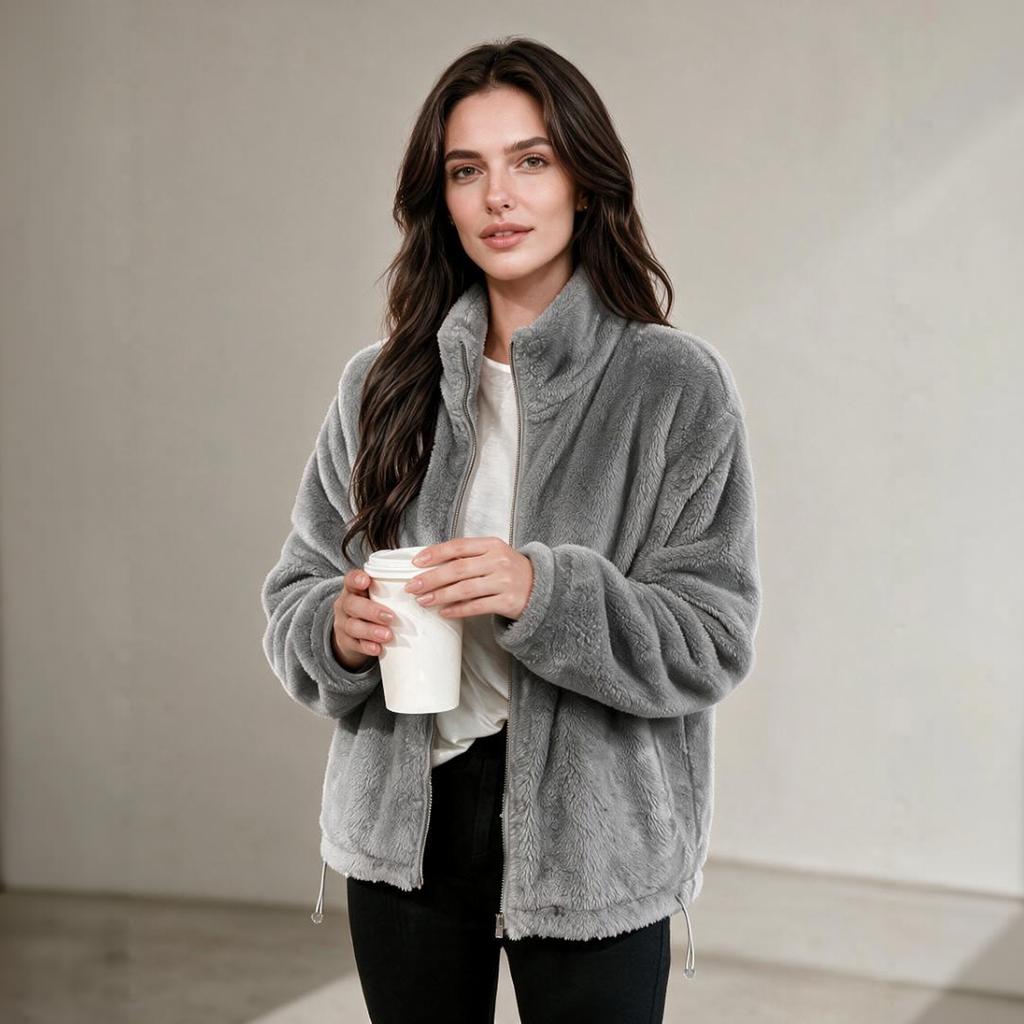 Women's Color Stand Collar Double-Sided Plush Jacket with Hem