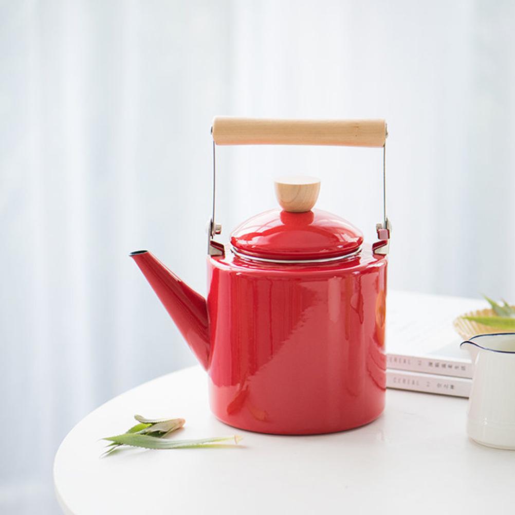 Retro emaljerad spishäll tekanna 2 4L Rött trähandtag Vattenkokare för te kaffe mjölk Vintage kökskastrull Spis toppkokare