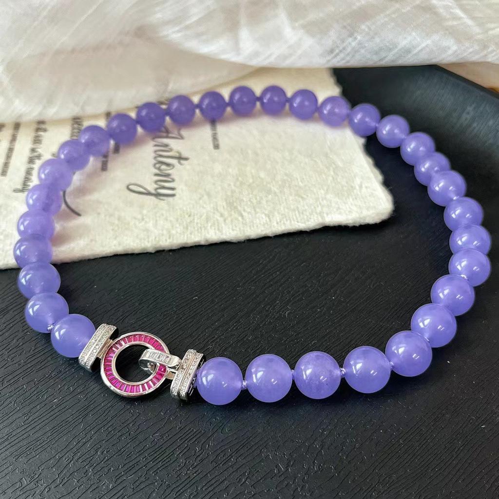 Vintage Violett Jadeit Lila Quarzit Jade Knoten Halskette Damen Perlen Schlüsselbeinkette Hoch