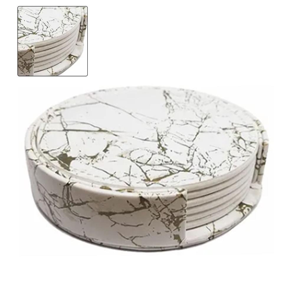 7Pcs Waterproof PU Leather Coaster Double-sided Marble Pattern Placemat 10cm Round Heat Insulation Pad Hotel
