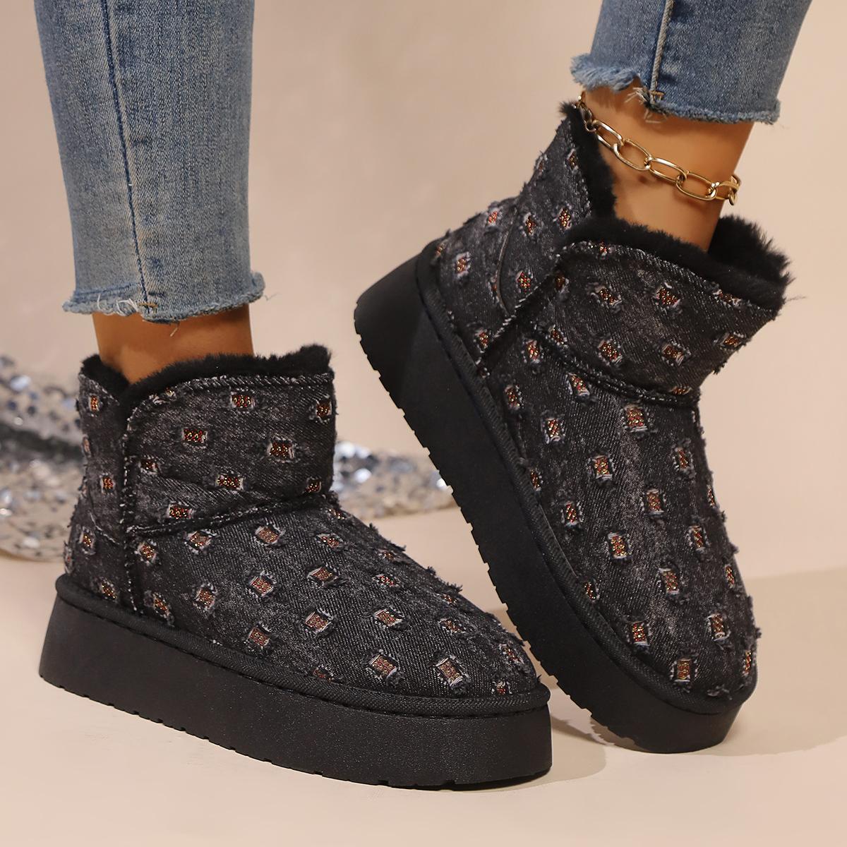 

2024 Новые зимние женские короткие ботинки на толстой подошве с круглым носком, модные и удобные, плюс бархатные теплые рукава, зимние ботинки 41 чёрный