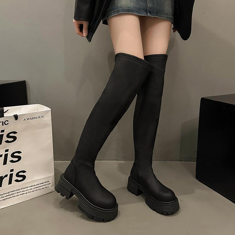 

Skinny knee boots 2025 winter new thick-soled velvet elastic thin boots women s retro tall thick-heeled knight boots 35