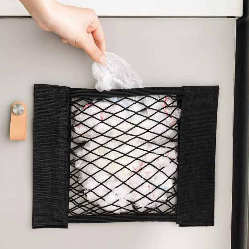 Filet de rangement pour porte d'armoire de cuisine, sac adhésif pour articles divers, pochette élastique avec ruban de fixation en nylon, organisateur de voiture
