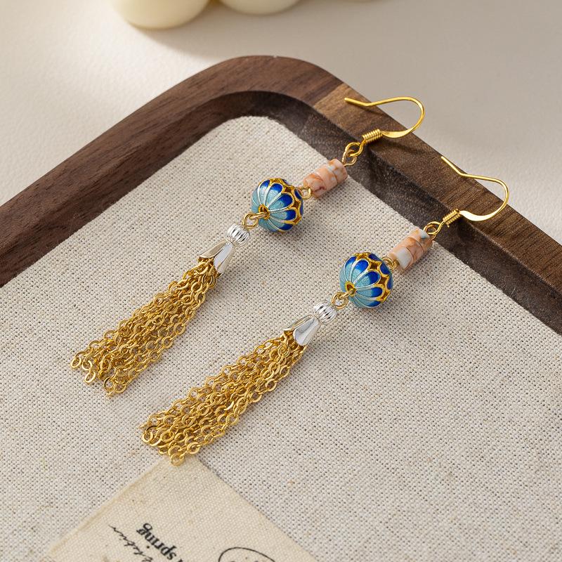 Elegante chinesische Quasten- & Perlenohrringe mit Glasur-Blumendesign für Damen