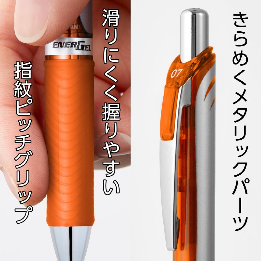 Pentel Energel Gel Ink Ballpoint Knock Silver 10 Pens Pen, Type, 0.7mm, Barrel, BL77-F, Orange,