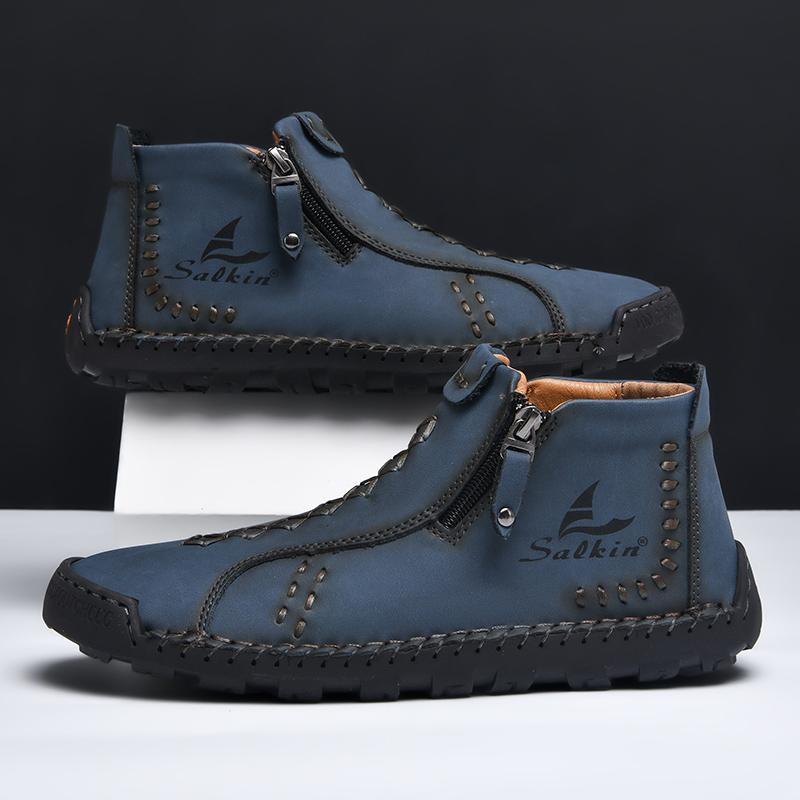 New Winter Handmade Leather Men Boots Outdoor Zipper Design Sneakers Man Breathable Casual Leather Shoes Men Ankle Boots Slip On