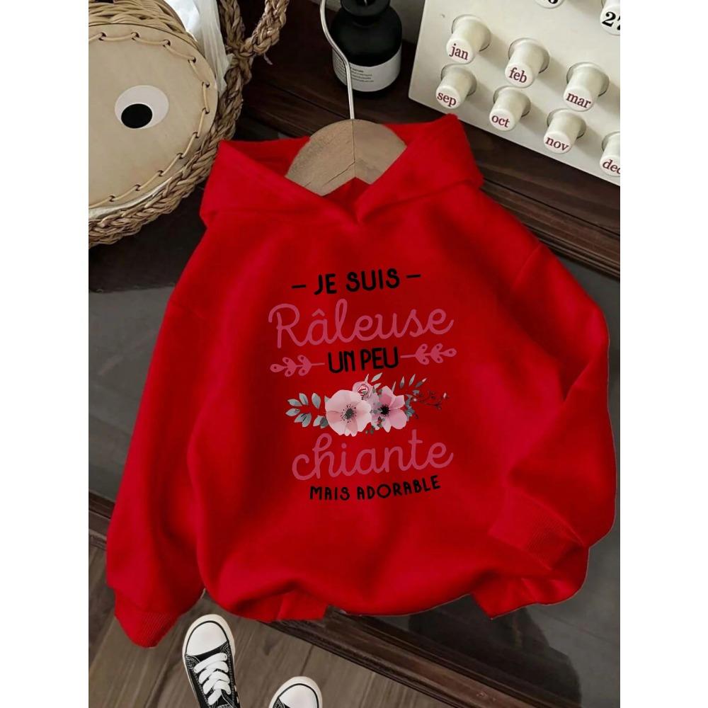 Kids French Quote Flower Print Hoodie Autumn Winter Fleece Warm Sweatshirt Floral Graphic Casual Pullover Hooded Sweatshirt