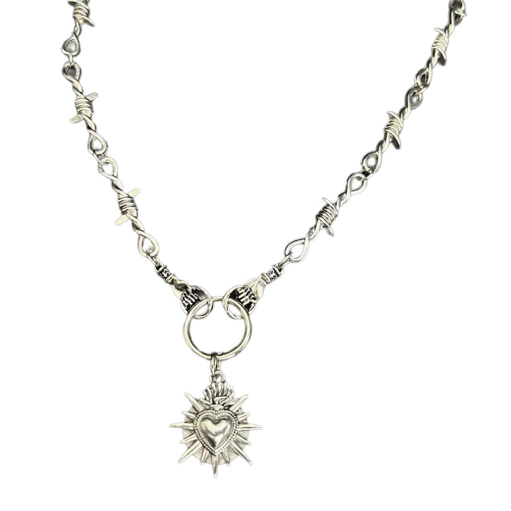 Unique Heart In Hand Barbed Wire Necklace Accessory Symbolizing Resilience and Tenderness for Fashion Enthusiasts