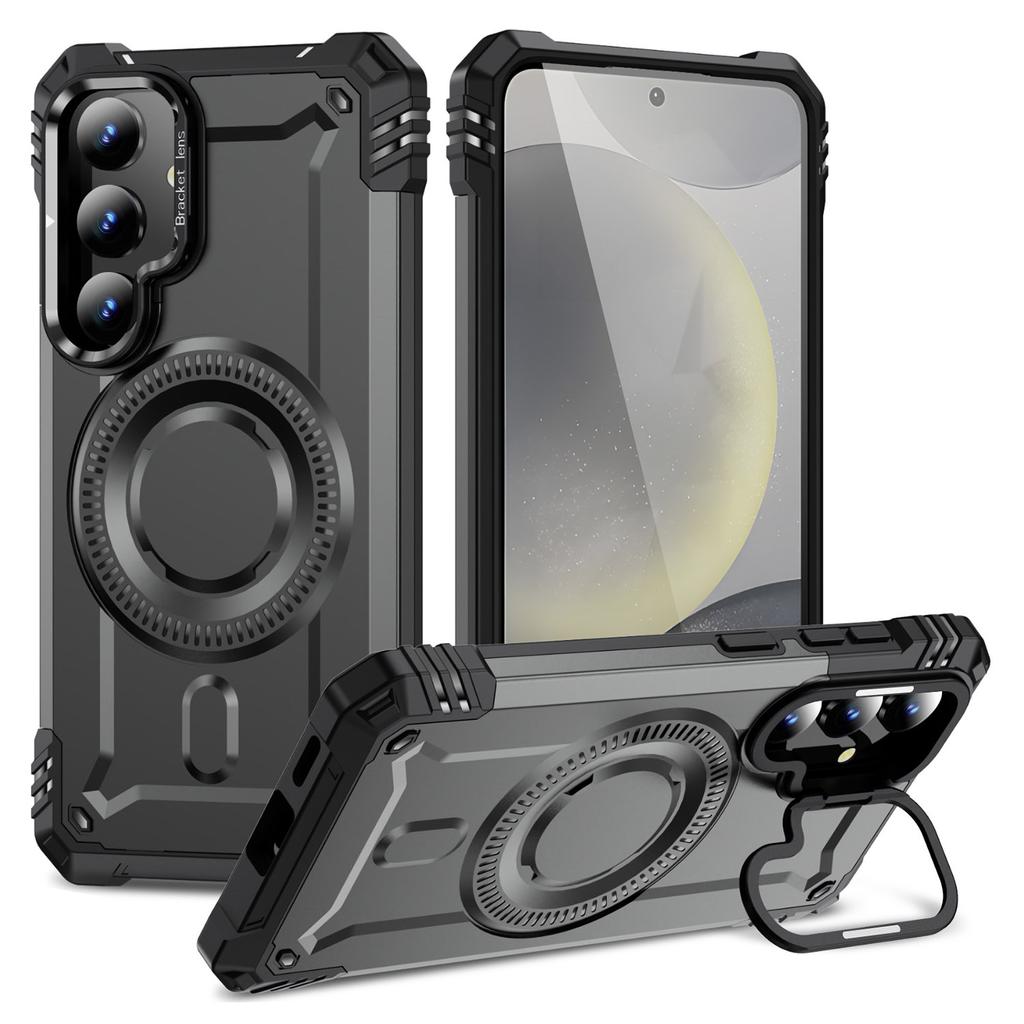 For Samsung Galaxy S25 Magnetic Case Lens Kickstand PC + TPU Shockproof Phone Cover