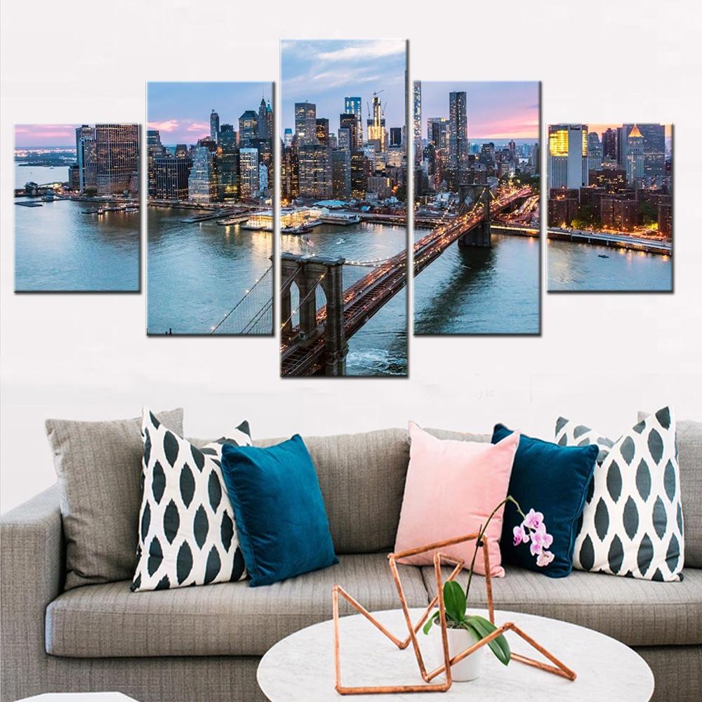 5 Pieces Canvas Wall Arts Cityscapes New York Skyline At Sunset Wallpaper Home Decor Picture Print For Living Room Artwork