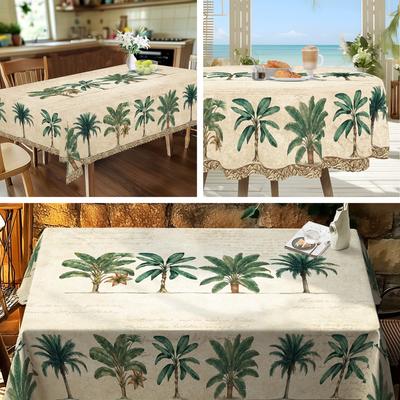 1pc Tropical Palm Tree Tablecloth, Vintage Green Leaf Table Cover, Round & Rectangular Shapes, Summer Decor