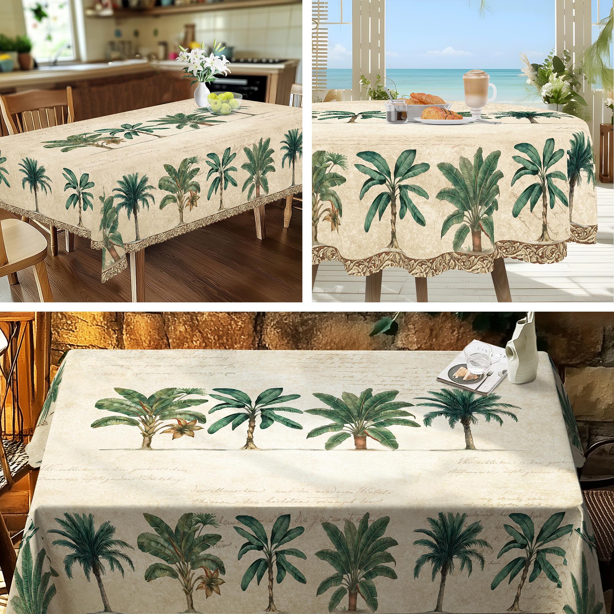 

1pc Tropical Palm Tree Tablecloth, Vintage Green Leaf Table Cover, Round & Rectangular Shapes, Summer Decor 152x220cm