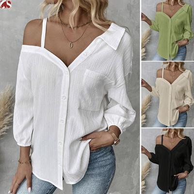 Summer Long Sleeve Off Shoulder Casual Loose Blouses Women Elegant Single Breasted Chic Strap Women's Shirts Tops Solid Simple Fashion Blouse 26500