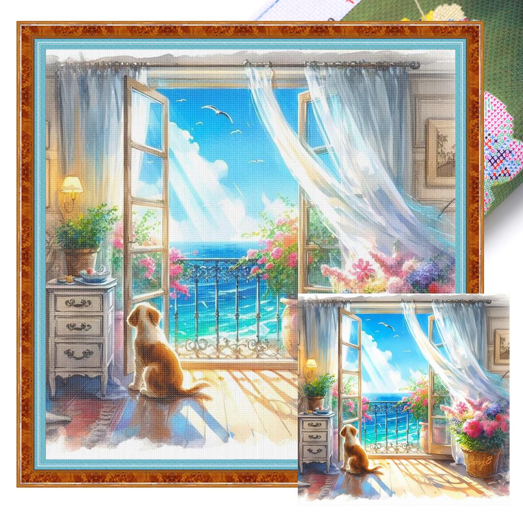 Window View Full 11CT DIY Stamped Needlework Embroidery Kit 40x40cm Printed Cross-Stitch Kits for Beginners Adults Home Decor