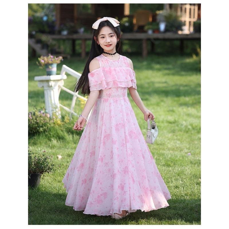 Girls Floral Print Princess Long Dress Kids Summer Casual Beach Dress