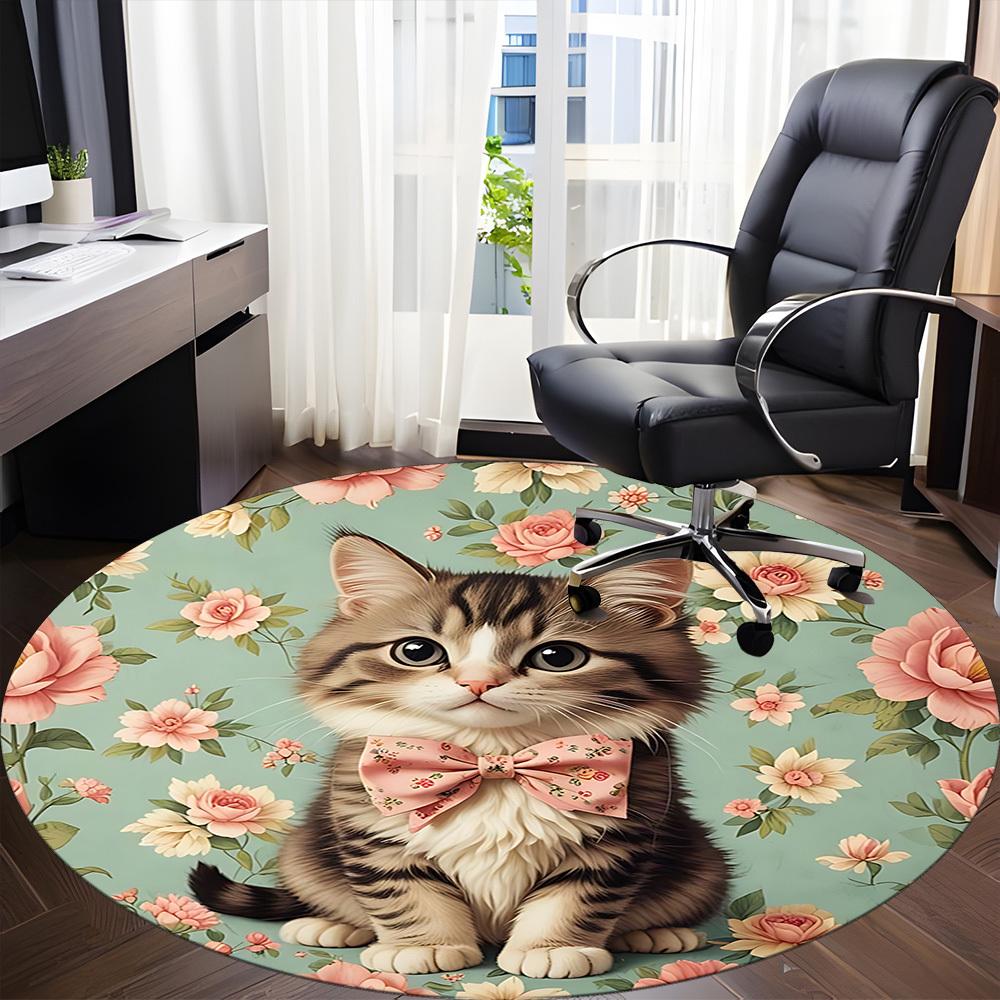 1pc Cat Floral Pattern Office Round Rug, Non-slip, Soft and Durable Office Rug for Interior Decoration, Perfect for Office, Beautiful Decoration yy260