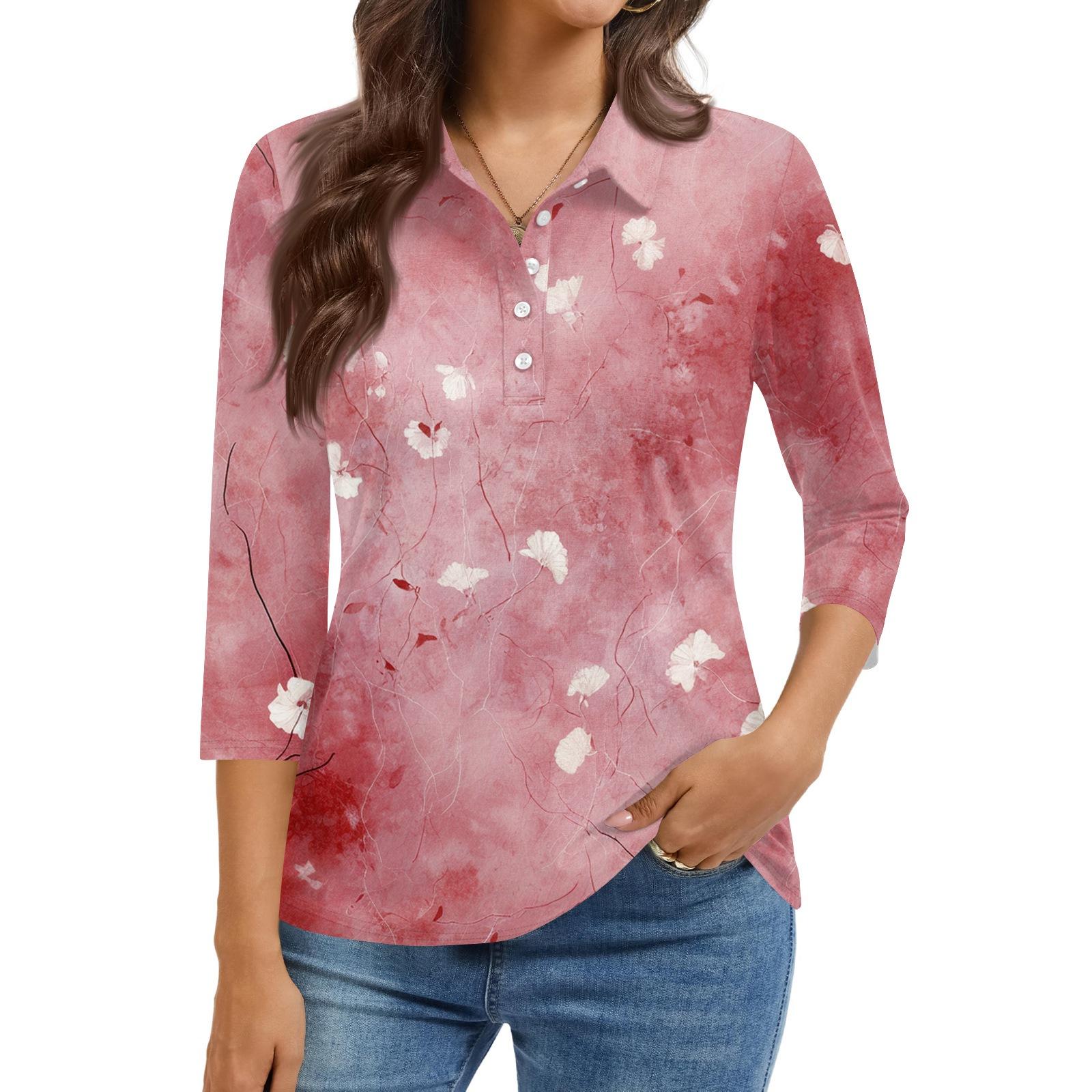 

Женская модная повседневная рубашка с лацканами и рукавом 3/4 с принтом, женские топы на пуговицах XL розовый
