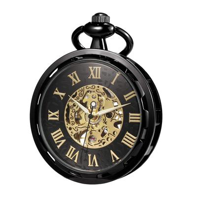TREEWETO Pocket Watch, Hand-wound, Antique, Mechanical, Skeleton, Men's, with Chain (black)