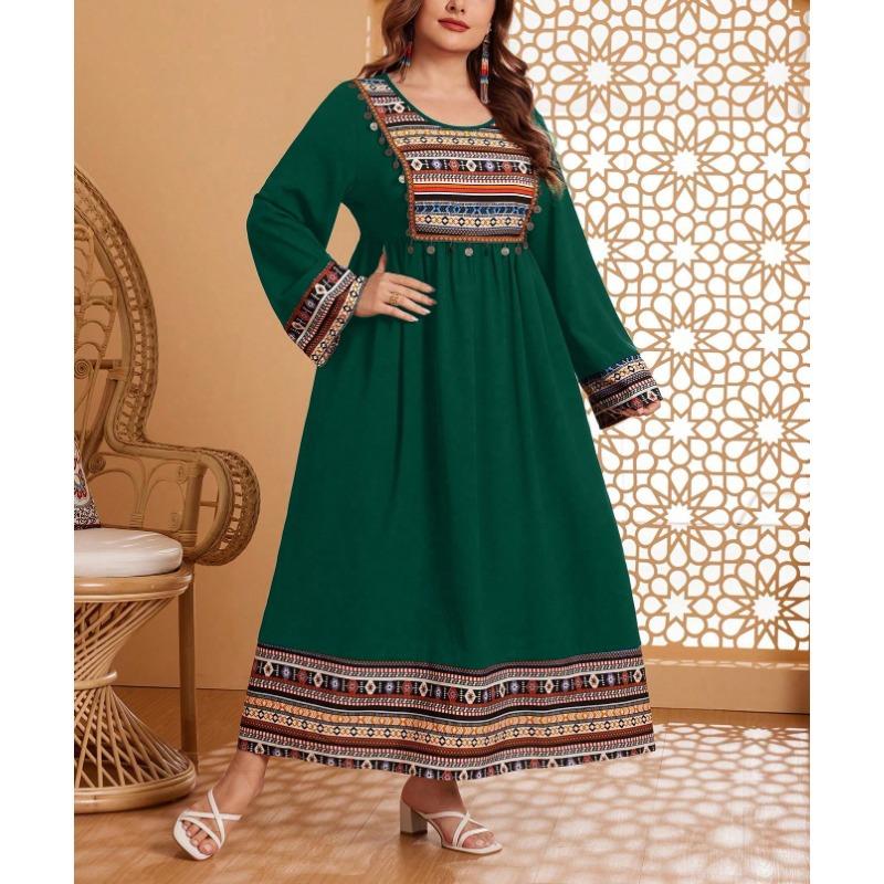 Plus Size Vintage Ethnic Embroidered Round Neck Patchwork Long Sleeve Long A Line Dress For Women