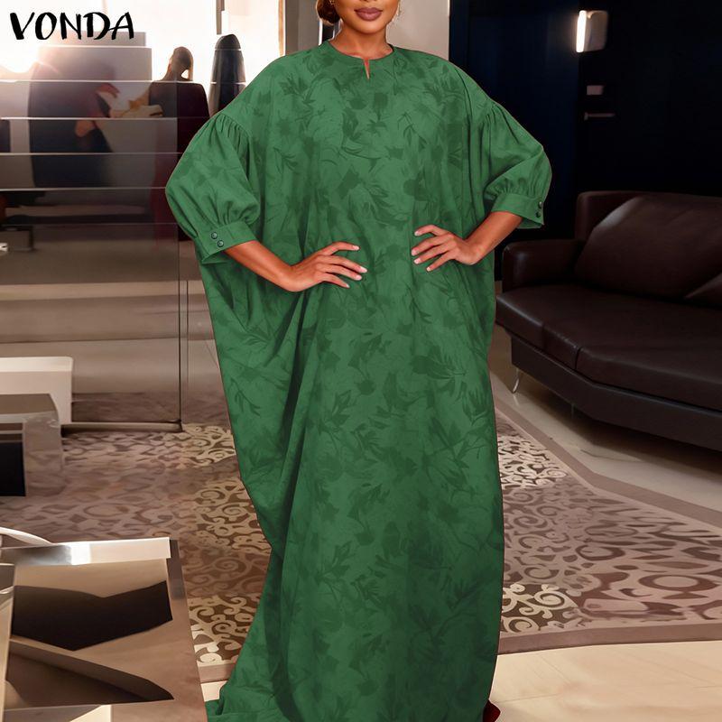 VONDA Overszied Women Batwing Sleeve Floral Print Loose Casual Long Maxi Robe Dress