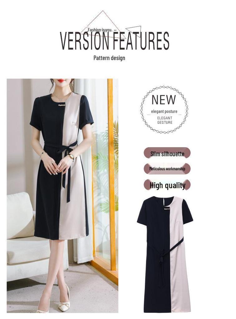 Chic Color-Block High-End Chiffon Midi Dress with Round Neck and Waist-Cinching Design for Women