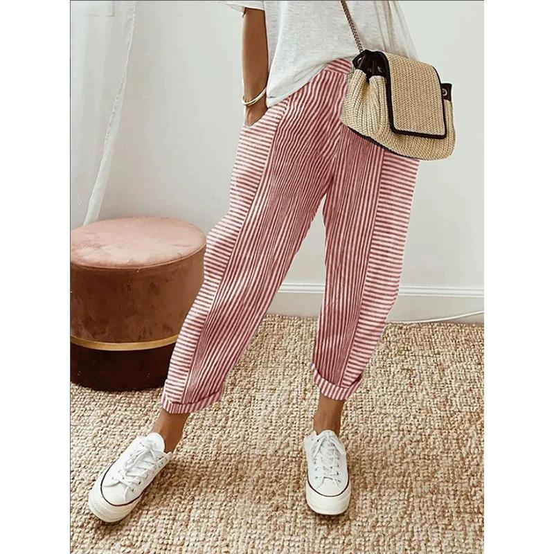 Women Striped Patchwork Loose Casual Long Pants