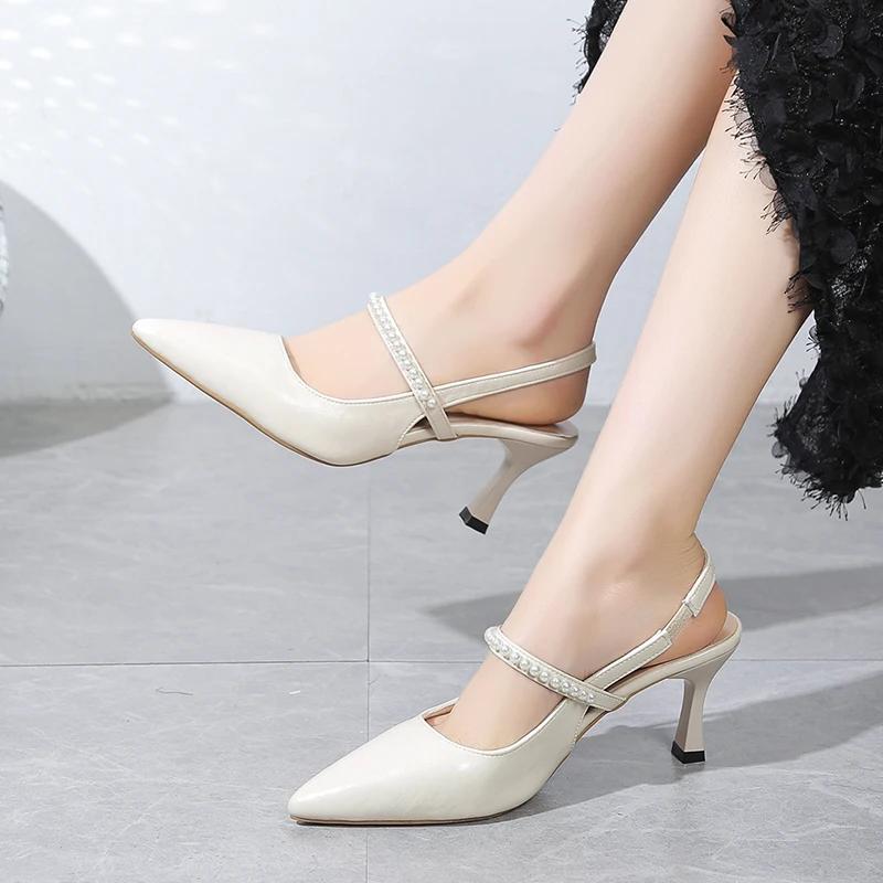 Ladies Shoes 2025 Slip-on Women's High Heels New String Bead Office and Career Sexy Best Seller Solid Closed Toe Sandals