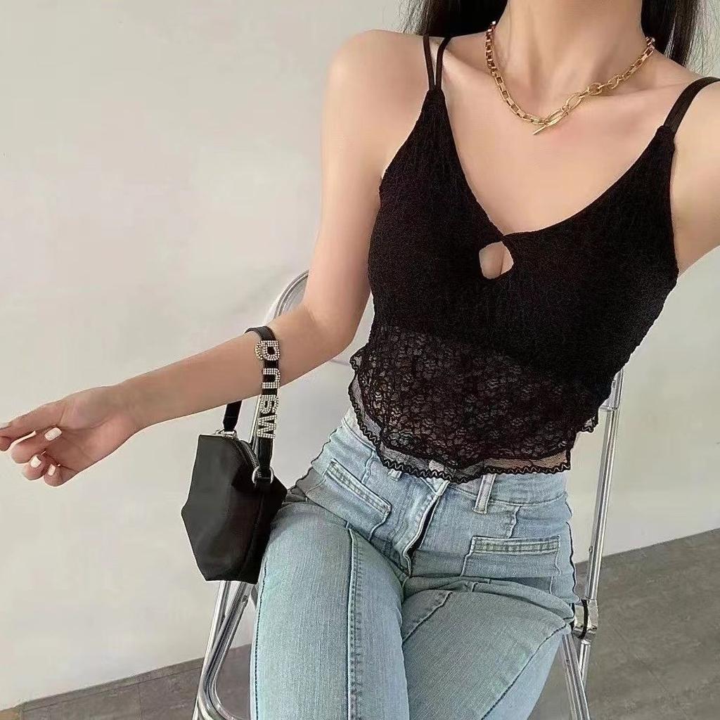 Sexy Lace Hollow Out Beautiful Back Camisole Vest With Removable Chest Pad Design Sense Short Temperament Niche Underwear For Women