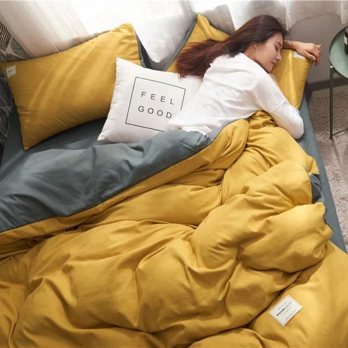 2024 new solid color double polished bed four-piece set Japanese bed sheet quilt cover mattress student kit multi-specification