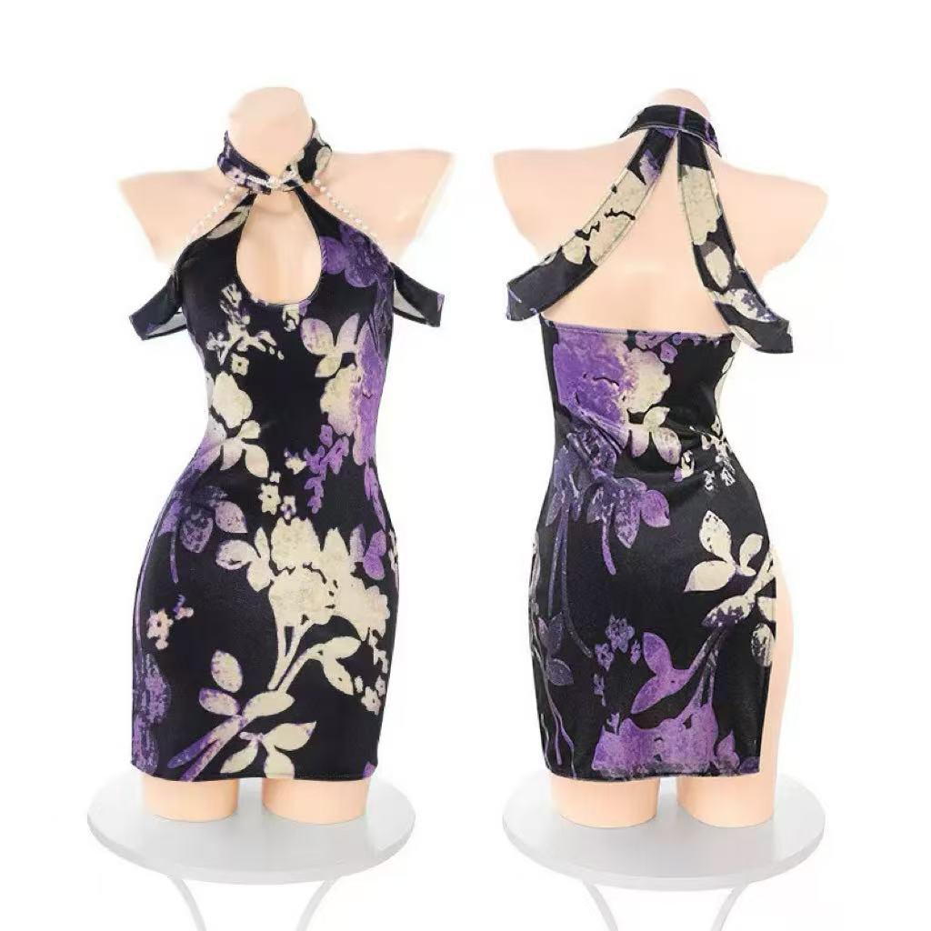Mu Cheng Purple Floral Velvet Cheongsam Lingerie Set - Revealing Cleavage, Nude Back, Small Chest Design