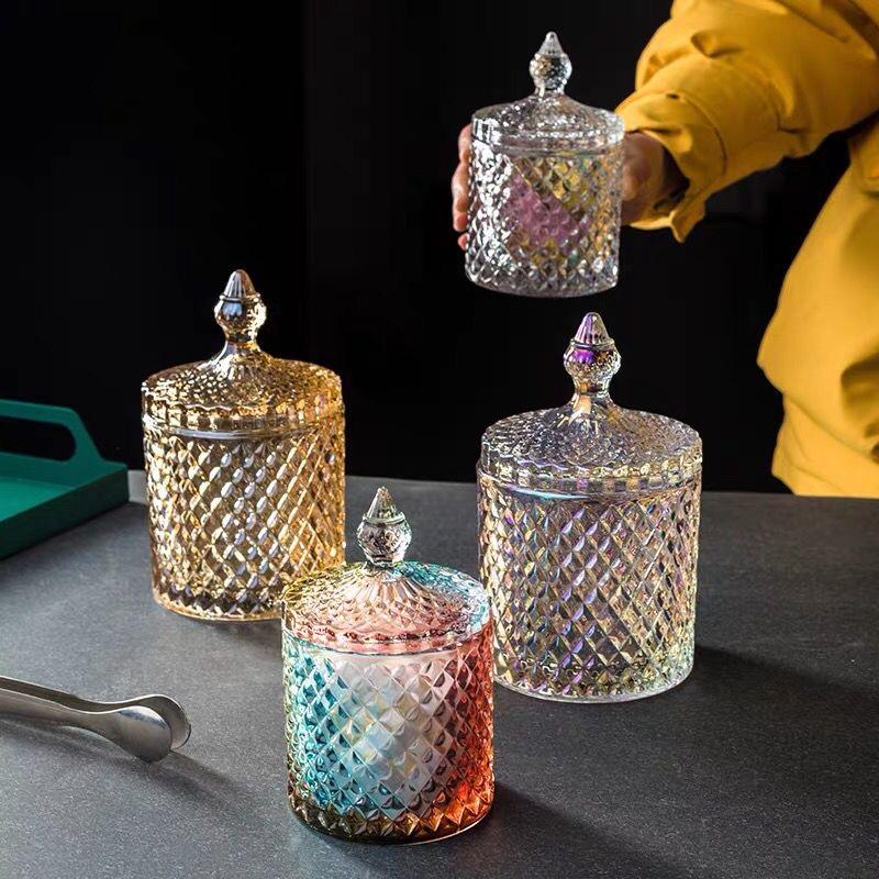 Europäisches Retro-Glas-Aufbewahrungsglas mit Deckel, Transparenter Goldener Schmuck- & Wattestäbchenhalter, Süßigkeiten- & Make-up-Pinsel-Organizer