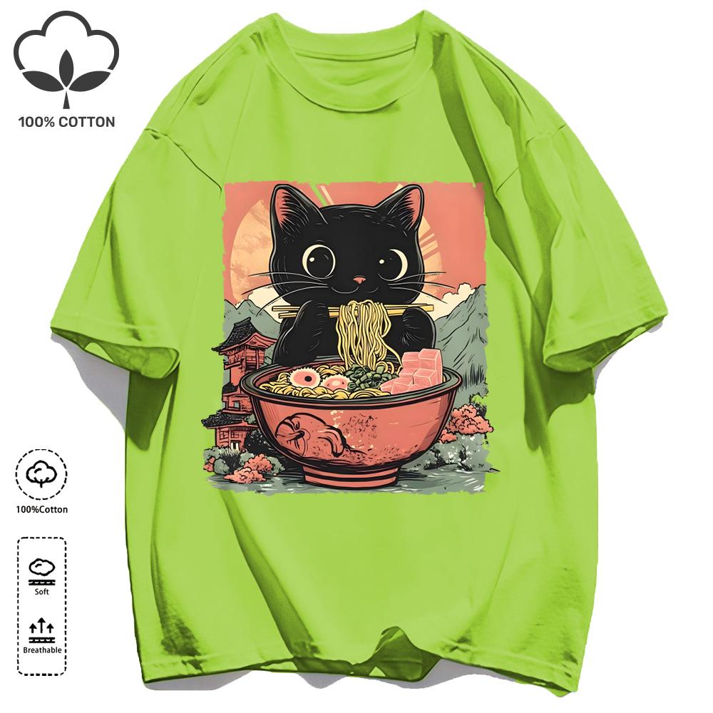 Retro Cats Like To Eat Lamian Noodles Unisex T Shirt Retro Fashion Short Sleeve Summer Comfortable Tee Unisex Cotton Loose Clothing