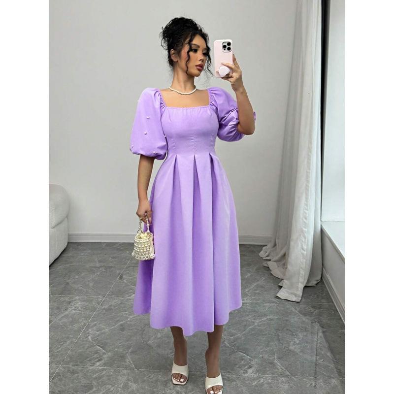 Europe, America 2026 summer new fashion temperament design square neck bubble sleeve bubble puff dress
