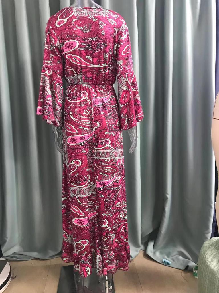 2023 Bohemian Style V-Neck Bell Sleeve High Waist Floral Vacation Dress for Women