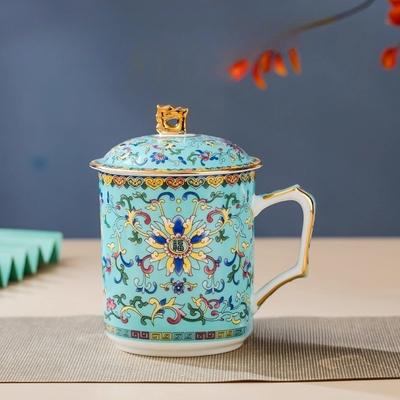 1pc Chinese Blue and White Enamel Ceramic Cup for Office Meeting Home Use Tea Making with Lid Bone Porcelain Water Cup, 500ml