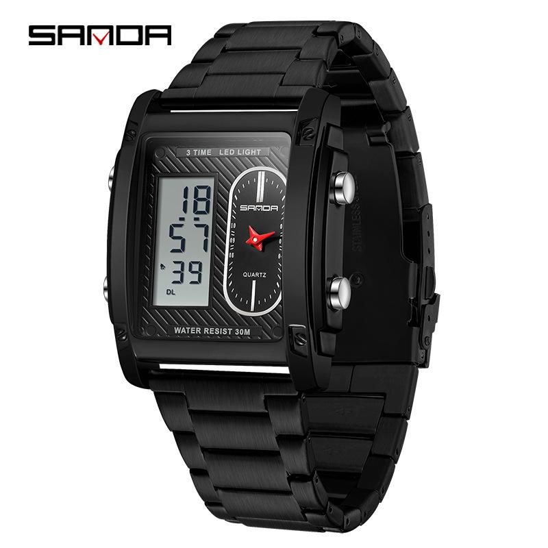 Sanda Men's Dual Display Luminous Waterproof Wristwatch - Alarm Clock Business Fashion Square Design