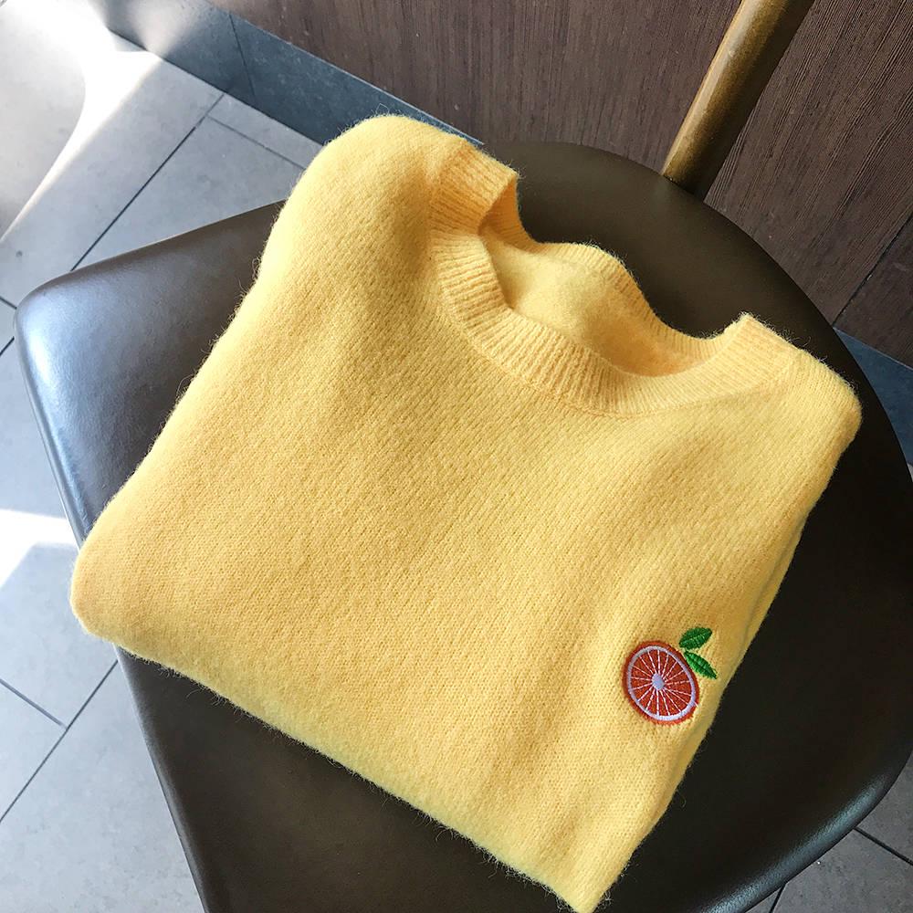 

Свободный свитер с фруктовой вышивкой, женский пуловер с длинными рукавами и круглым вырезом, дикий свитер S жёлтый