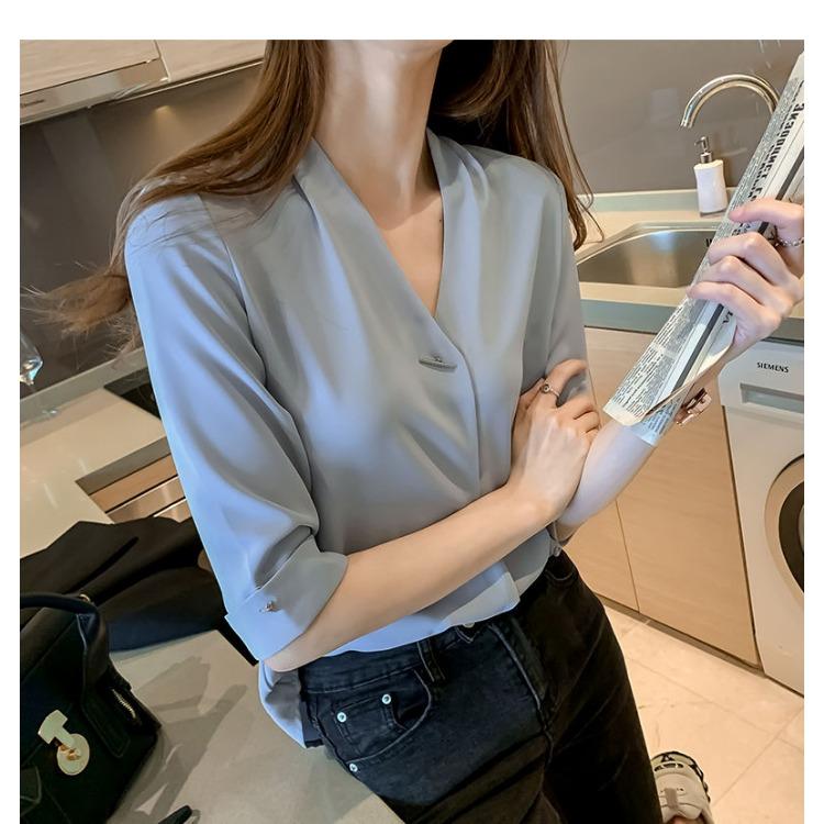 Summer Chiffon Blouse V Neck Loose Fit Korean Style Slimming Top Casual Elegant Basic Shirt