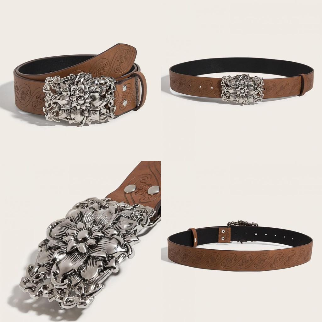 Flower Print Belt Pattern Hollow Metal Buckle Fashion Accessories Clothing