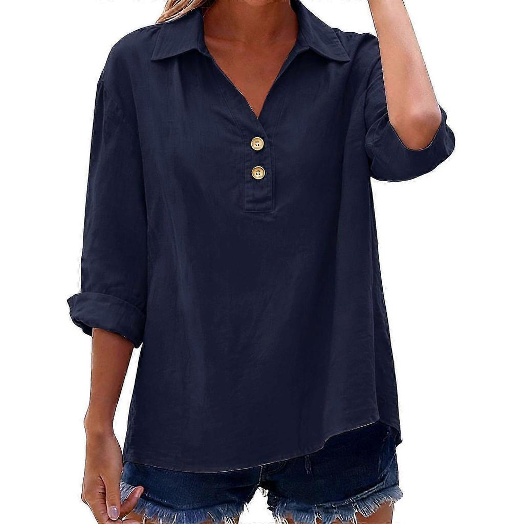 Flash Promo-Women's Linen Top with Three-quarter Sleeves, Casual and Elegant V-neck Pullover, Button-down Shirt Blue Color XXL