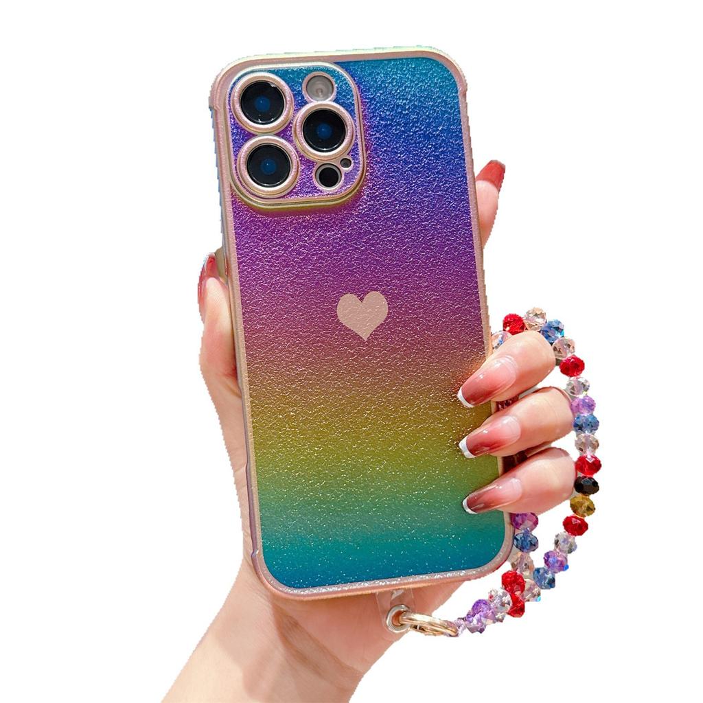 Applicable iPhone16Promax silk side love mobile phone case Apple 15 protective case crystal lanyard